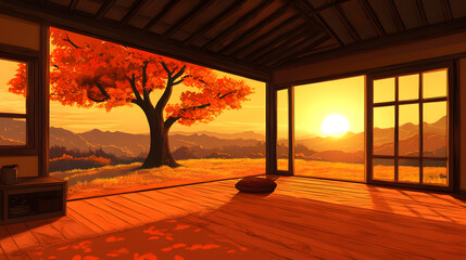 Poster - A tranquil interior scene with a view of a sunset through large windows, showcasing an autumn tree and golden hues reflecting warmth and serenity