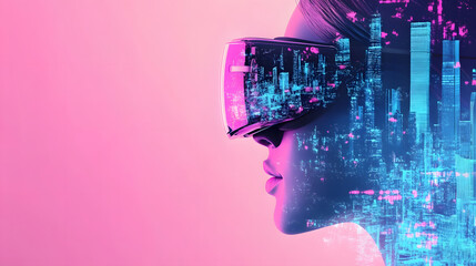 Aufkleber - A woman wearing a VR headset against a vibrant pink background, with digital overlays suggesting a futuristic cityscape