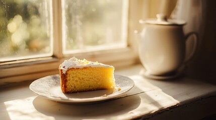 Wall Mural - A fresh slice of lemon drizzle cake resting on a fine porcelain dish with light streaming through a window