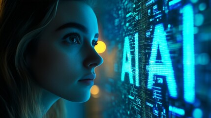 Poster - Curious Woman Gazing at Luminous AI Text, Exploring Artificial Intelligence Innovation