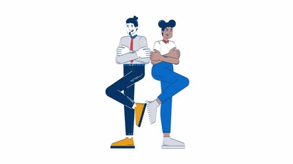 Fototapete - Confident diverse partners standing back to back doodle cartoon animation. Work besties 4K video motion graphic. Businesspeople arms crossed animated 2D characters isolated on white background