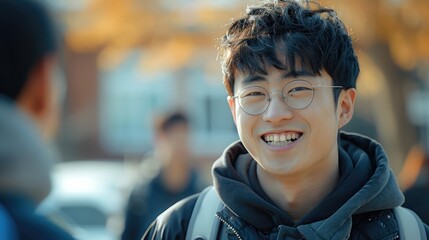 Canvas Print - A 17-year-old Korean male student smiles while talking to his friend.