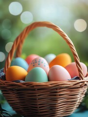 Wall Mural - Bow on a basket close up. Easter colored eggs defocused on a blurred background. Background with place for text or copy space.