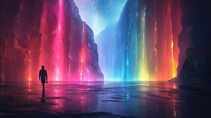 Wall Mural - man walks vibrant neon canyon, starry night, futuristic landscape, digital art, sci-fi concept.
