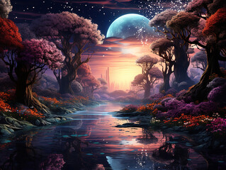 Wall Mural - Outstanding A digital painting of a landscape with hills and trees
