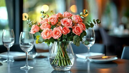 Aufkleber - A charming table is elegantly arranged for Valentine's Day featuring a stunning bouquet of pink roses in a clear vase. The setting exudes romance with soft lighting and fine dining elements.