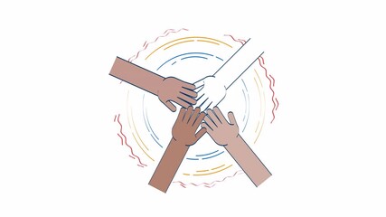 Poster - Diverse hands in unity circle doodle animation. Cultural diversity 4K video motion graphic. Team arms placed together in circular formation animated 2D flat cartoon concept, white background