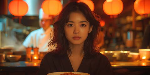 Wall Mural - A cute Japanese girl enjoys a bowl of noodles in a cozy restaurant bathed in warm red light. In the background, a chef is busy cooking.