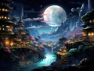 Wall Mural - Superb fantasy night city Japanese landscape