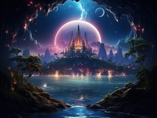 Wall Mural - Incredible Fantasy magic portal. Purple teleport door frame to futuristic world