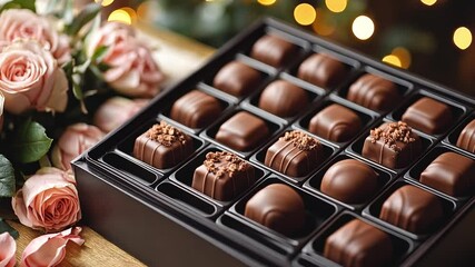 Poster - A beautifully arranged box of assorted chocolates sits beside fresh pink roses. The warm, festive atmosphere enhances the romantic gesture for the Valentine's Day holiday.