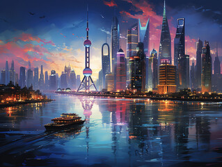 Wall Mural - Superb Panoramic views of Dubai city illuminated in a neon spectrum