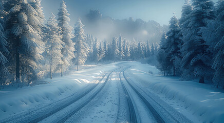 Poster - A snowy landscape, a curved mountain road winding through an untouched forest of tall firs. The snow sparkles under bright sunlight, and faint tire tracks are visible on the road.