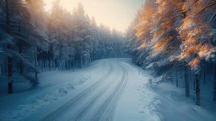 Poster - A snowy landscape, a curved mountain road winding through an untouched forest of tall firs. The snow sparkles under bright sunlight, and faint tire tracks are visible on the road.