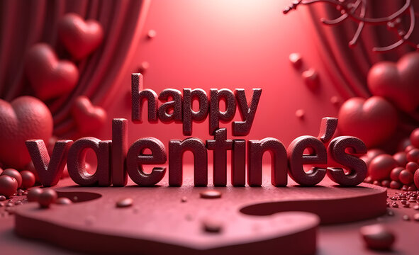 Glowing red 3D Valentine's text emerging from staged background, surrounded by floating heart shaped elements and glossy spheres expressing romantic mood