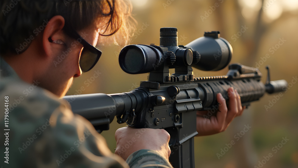 Shooter aiming down sights Ultra realistic rifle shooting techniques