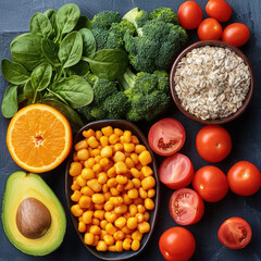 Poster - Foods rich in vitamin A, vitamin C, vitamin E, lutein, Zea-xanthin, omega-3 fatty acids, and zinc. top view.