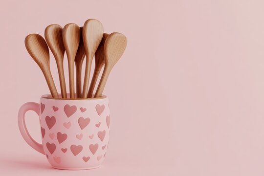 Cute Valentine's Day-themed in a cup with hearts, simple background, 3D illustration style, 2D flat design