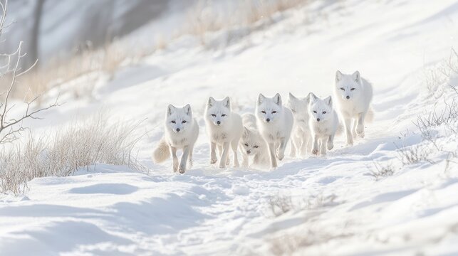 A family of arctic foxes with their winter white coats, barely visible against the snow as they hunt for prey.