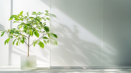 Canvas Print - Sunlight illuminates a small potted plant casting shadows on a white wall.