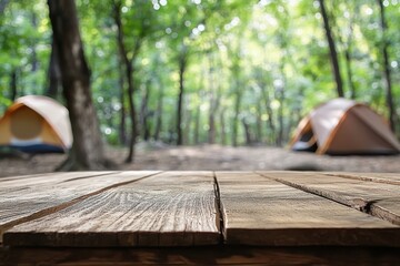 Wooden table, forest camping scene, tents, nature, product display