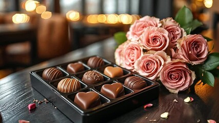 Aufkleber - A beautifully arranged box of assorted chocolates sits on a dark table next to a bouquet of pink roses.