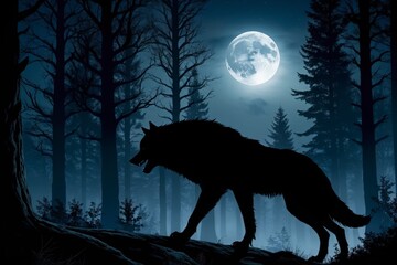 Wall Mural - a wolf is walking through a forest at night, with a full moon in the background
