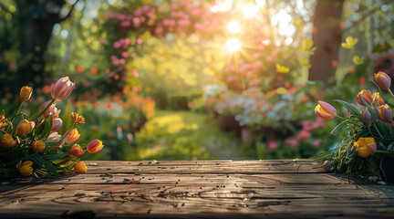 Poster - A wooden table, spring easter theme garden background.