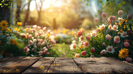 Poster - A wooden table, spring easter theme garden background.
