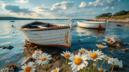 Poster - Old rustic wooden fishing boats at sea in the background, one boat near the shore with flowers on the foreground.