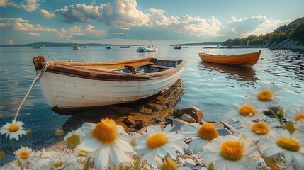 Poster - Old rustic wooden fishing boats at sea in the background, one boat near the shore with flowers on the foreground.