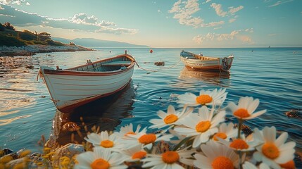 Poster - Old rustic wooden fishing boats at sea in the background, one boat near the shore with flowers on the foreground.