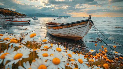 Poster - Old rustic wooden fishing boats at sea in the background, one boat near the shore with flowers on the foreground.
