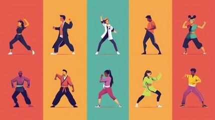 Wall Mural - A digital illustration of nine people practicing martial arts.