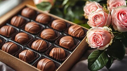Aufkleber - A delightful arrangement featuring a gift box filled with assorted chocolates alongside fresh pink roses.
