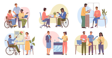 Aufkleber - Inclusive people in office. Vector various disabled characters work together. Wheelchairs, adaptive tools and supportive colleagues promote dynamic workspace and smother barriers with empathy