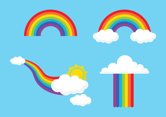 Wall Mural - Rainbow, clouds and sun vector illustration composition set isolated on white background. Rainbow vector icon set. Clouds and rainbow icon set in different style.