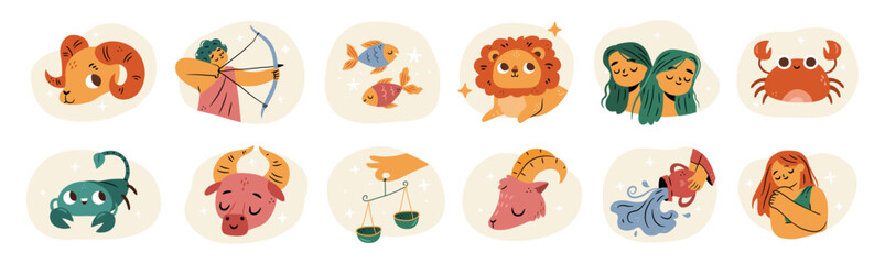 horoscope zodiac signs set. vector in flat style, astrological earth element symbol, set of doodles 