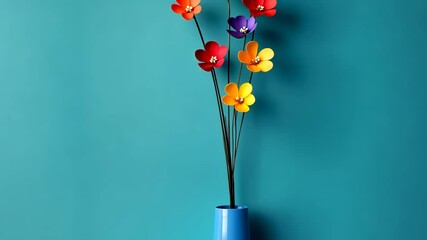 Poster - Blue vase with a colorful bouquet of flowers sits on a blue wall. The flowers are arranged in a way that they look like they are blooming, and the vase is tall and slender