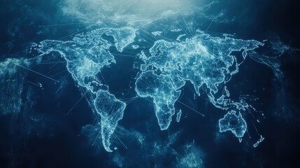 Poster - light blue background with a digital world map and global network connections, representing the concept of international business or connectivity