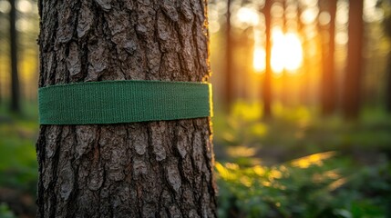 Green ribbon on tree trunk at sunset.