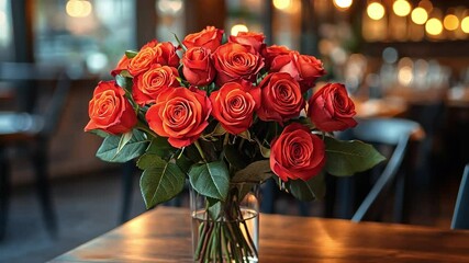 Poster - A bouquet of lush red roses arranged beautifully in a clear glass vase sits on a wooden table. The warm ambiance of the dimly lit setting enhances the romantic feel, perfect for Valentine's Day.