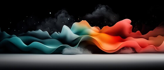 Poster - Mesmerizing Atmospheric Abstract Landscape with Flowing Pastel Hued Dots and Waves Cascading Across a Mountainous Horizon in a Minimalist 3D CGI Setting Showcasing a High Fidelity