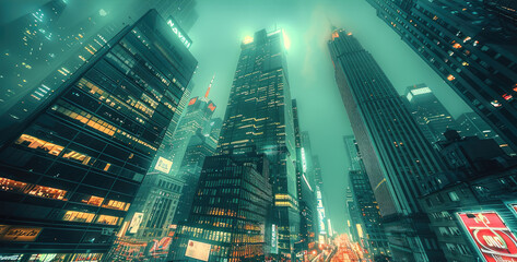Aufkleber - A green and blue night cityscape with skyscrapers, a few large glowing illuminated neon signs.