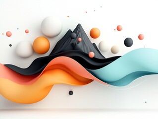 Poster - Striking pastel hued abstract composition with a mountainous silhouette and curving geometric shapes rendered in a clean white 3D digital setting with high