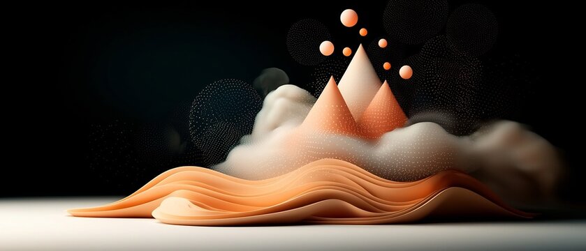 Atmospheric abstract dark background featuring soft pastel dots and flowing lines evoking a wave shaped mountain landscape rendered in 3D CGI with a clean white setting for a captivating