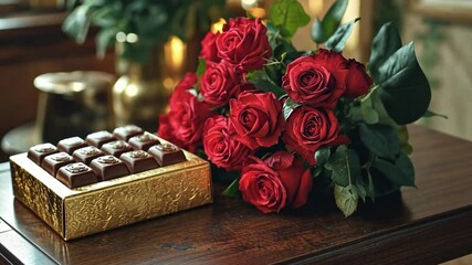 Poster - A beautifully arranged box of chocolates is displayed alongside a bouquet of vibrant red roses. This romantic setup captures the essence of love on Valentine's Day, perfect for gifting or decorating.