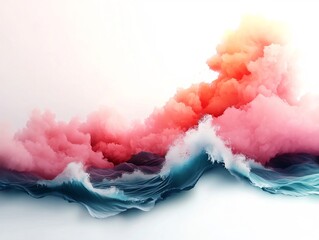 Poster - Vibrant pastel seascape with flowing brushwork and gentle waves against a bright white backdrop creating a tranquil and ethereal digital painting with a modern conceptual aesthetic