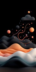 Poster - Dramatic midnight black background with a mesmerizing wave like formation of pastel dots and fluid lines