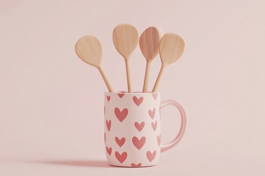 Cute Valentine's Day-themed in a cup with hearts, simple background, 3D illustration style, 2D flat design